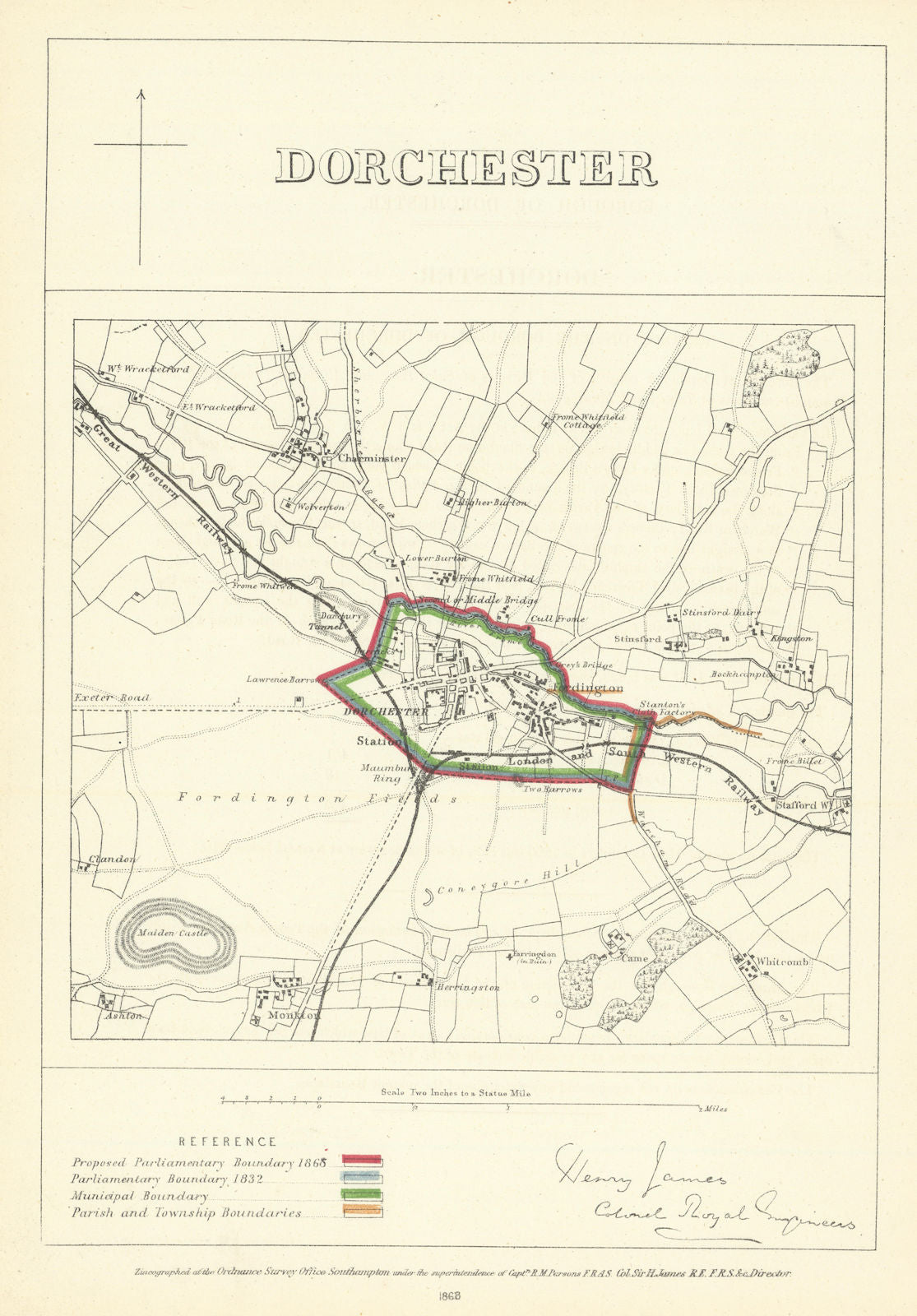 Dorchester, Dorset. JAMES. Parliamentary Boundary Commission 1868 old map